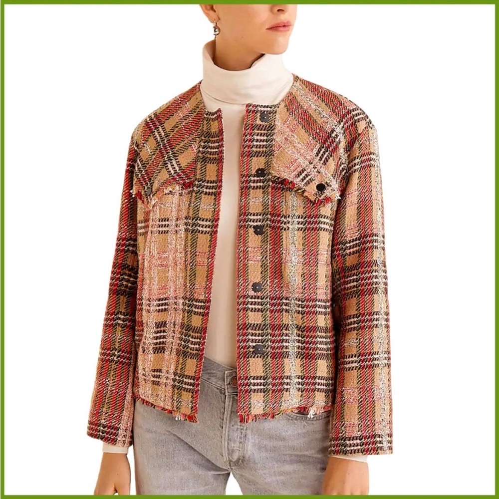 Mango Red and Black Plaid Blazer